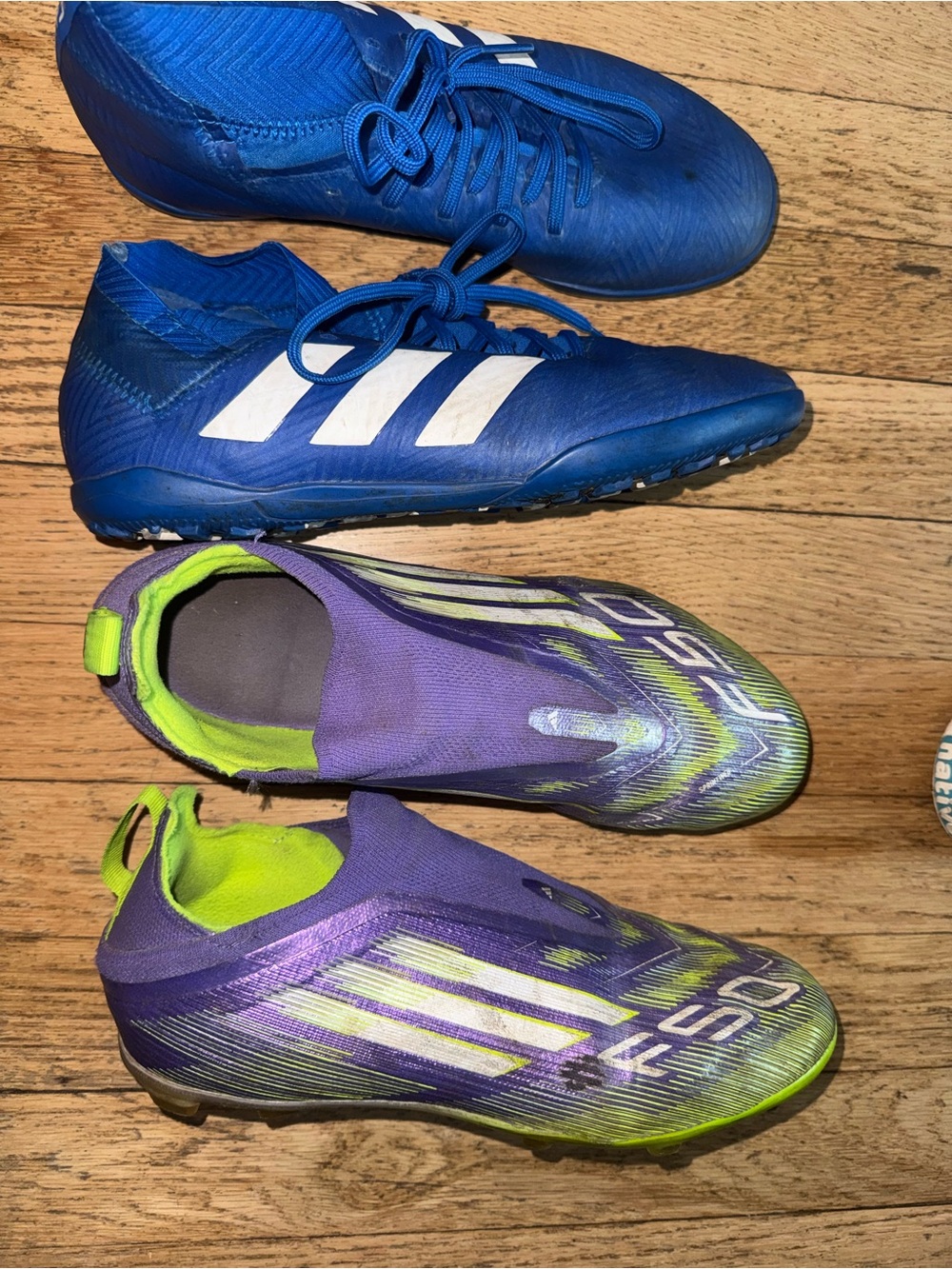 Set of 2- adidas Kids Blue & Purple Soccer Shoes with Lime Accents